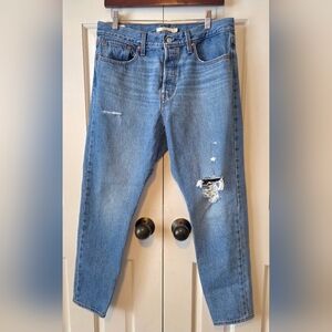 Classic Blue Straight Leg Jeans with Distressed Details